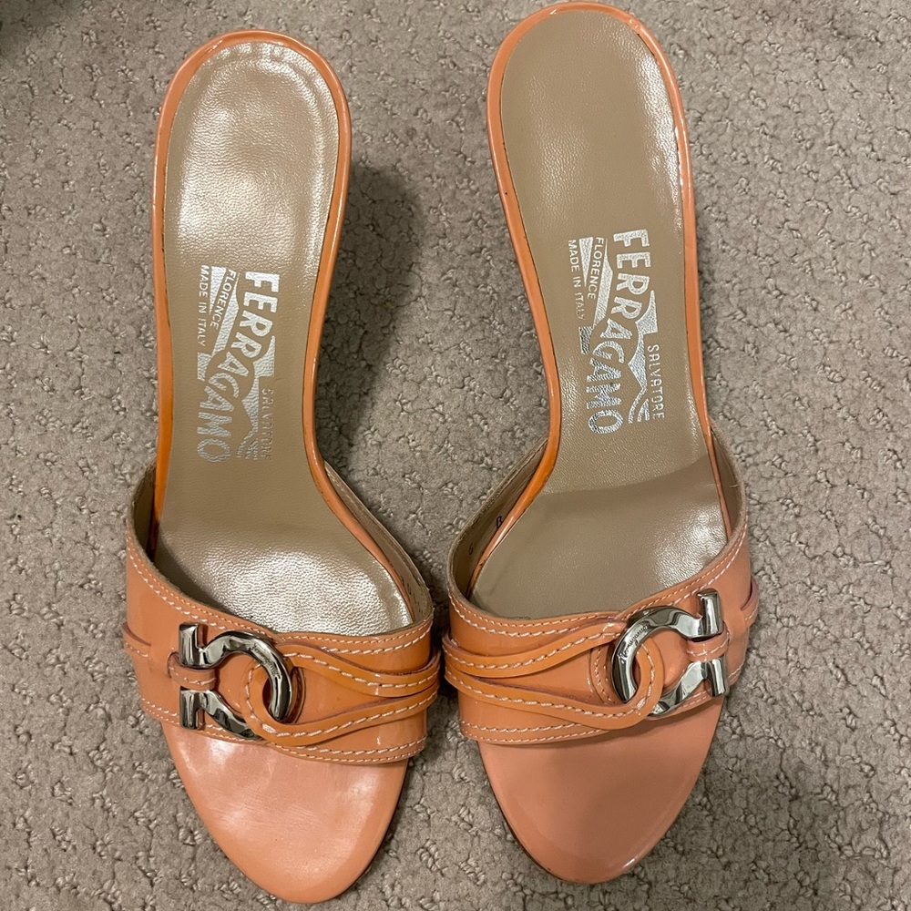 Salvatore Ferragamo Coral Orange Leather Slide Heels with Silver Hardware